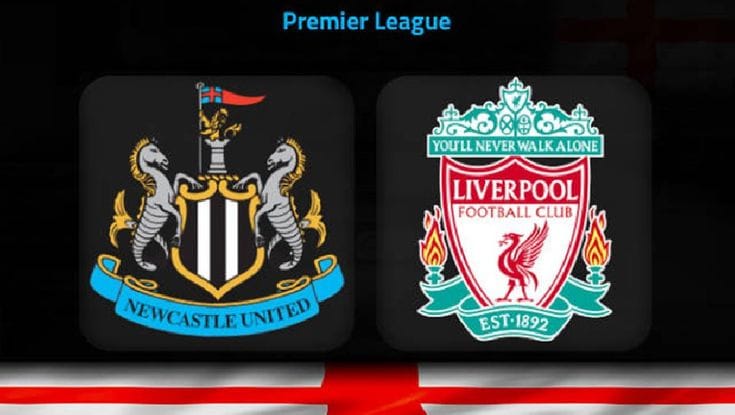 Liverpool vs Newcastle United prediction banner with team logos and football stadium background