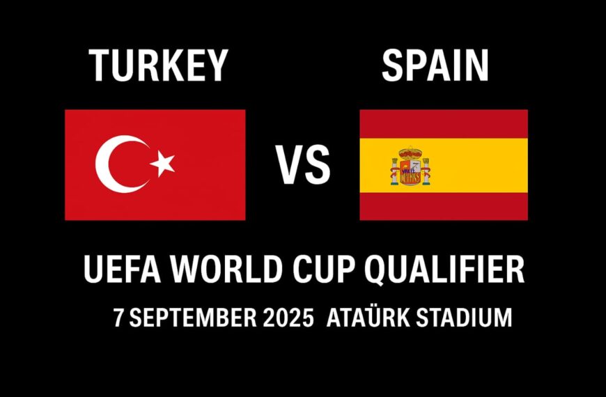 Turkey vs Spain UEFA World Cup Qualifier match poster with national flags, date 7 September 2025, Atatürk Stadium.