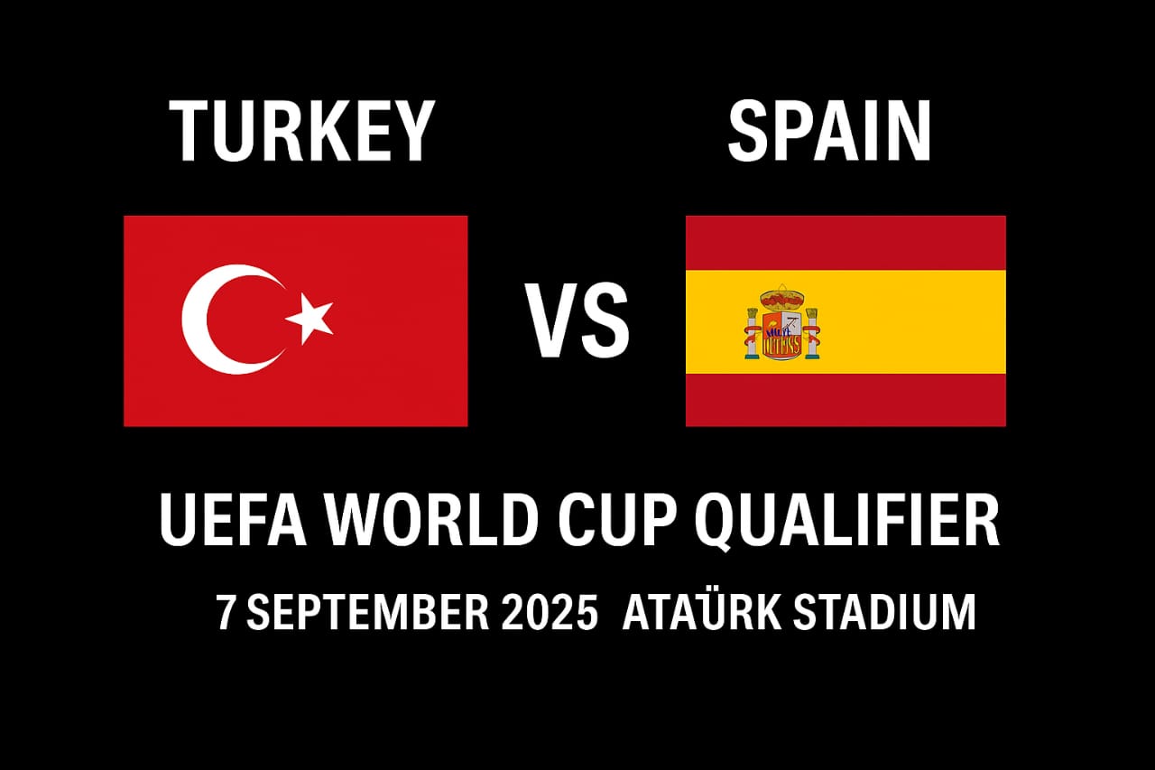 Turkey vs Spain UEFA World Cup Qualifier match poster with national flags, date 7 September 2025, Atatürk Stadium.