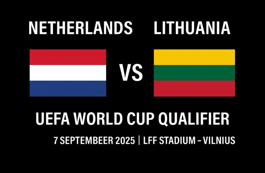 Netherlands vs Lithuania UEFA World Cup Qualifier match poster with national flags, date 7 September 2025, LFF Stadium Vilnius.