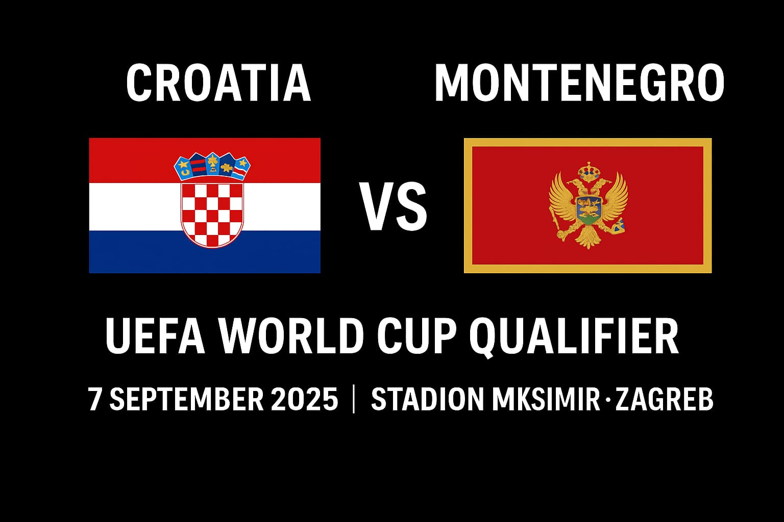 Croatia vs Montenegro UEFA World Cup Qualifier poster with national flags, date 7 September 2025, Stadion Maksimir Zagreb.