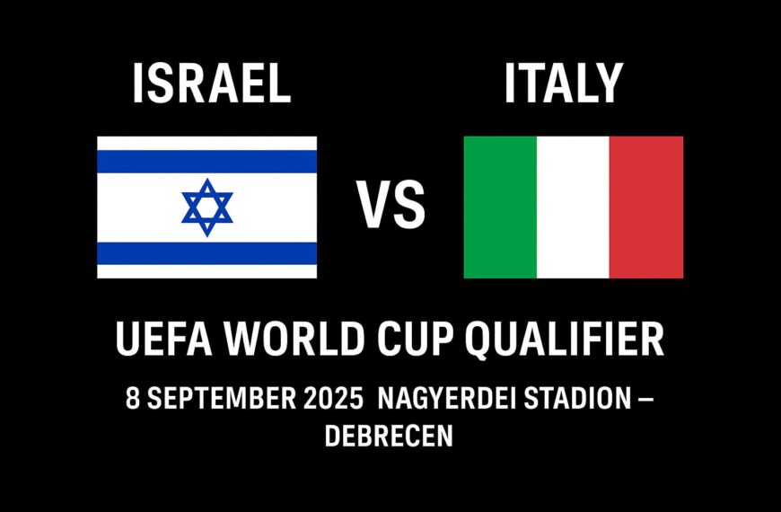 Israel vs Italy UEFA World Cup Qualifier poster with national flags, date 8 September 2025, Nagyerdei Stadion Debrecen.