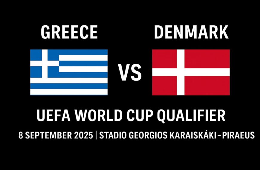 Greece vs Denmark UEFA World Cup Qualifier poster with national flags, date 8 September 2025, Stadio Georgios Karaiskáki Piraeus.